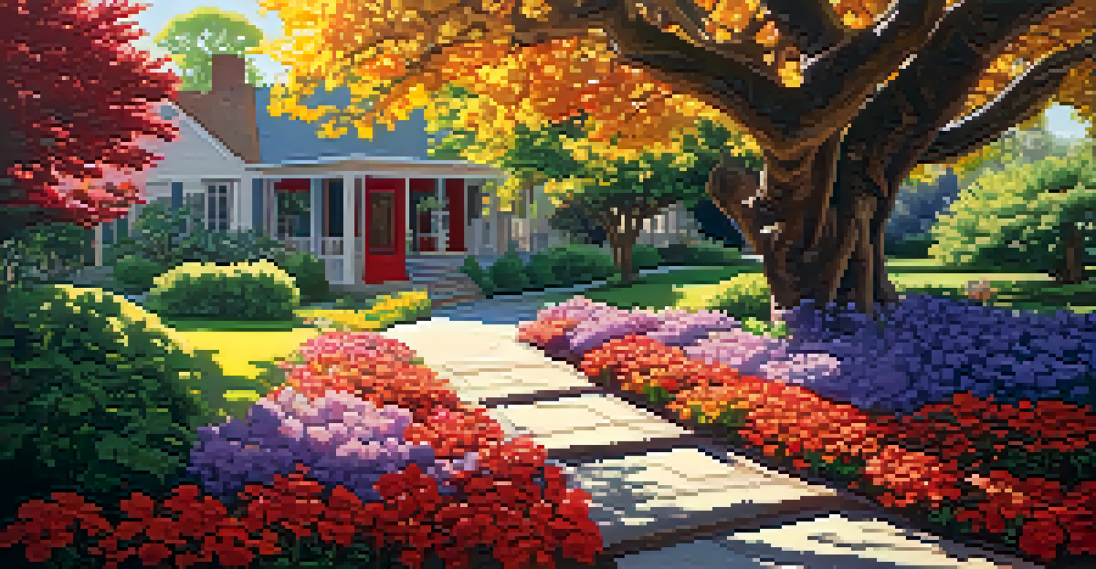 A colorful garden with blooming flowers in red, yellow, and purple, illuminated by sunlight filtering through tree leaves, creating shadows.
