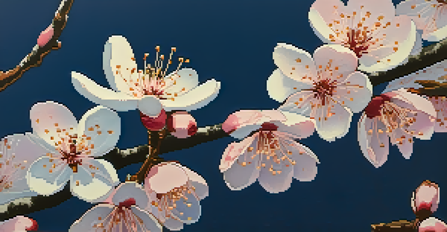 A detailed view of a Japanese woodblock print depicting cherry blossoms, emphasizing intricate textures and colors.