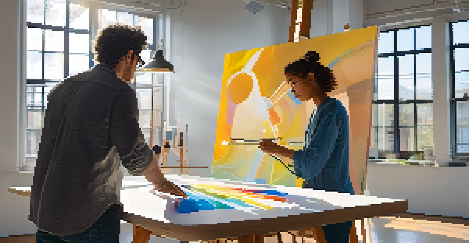 An artist and a technologist working together in a studio filled with art and technology.