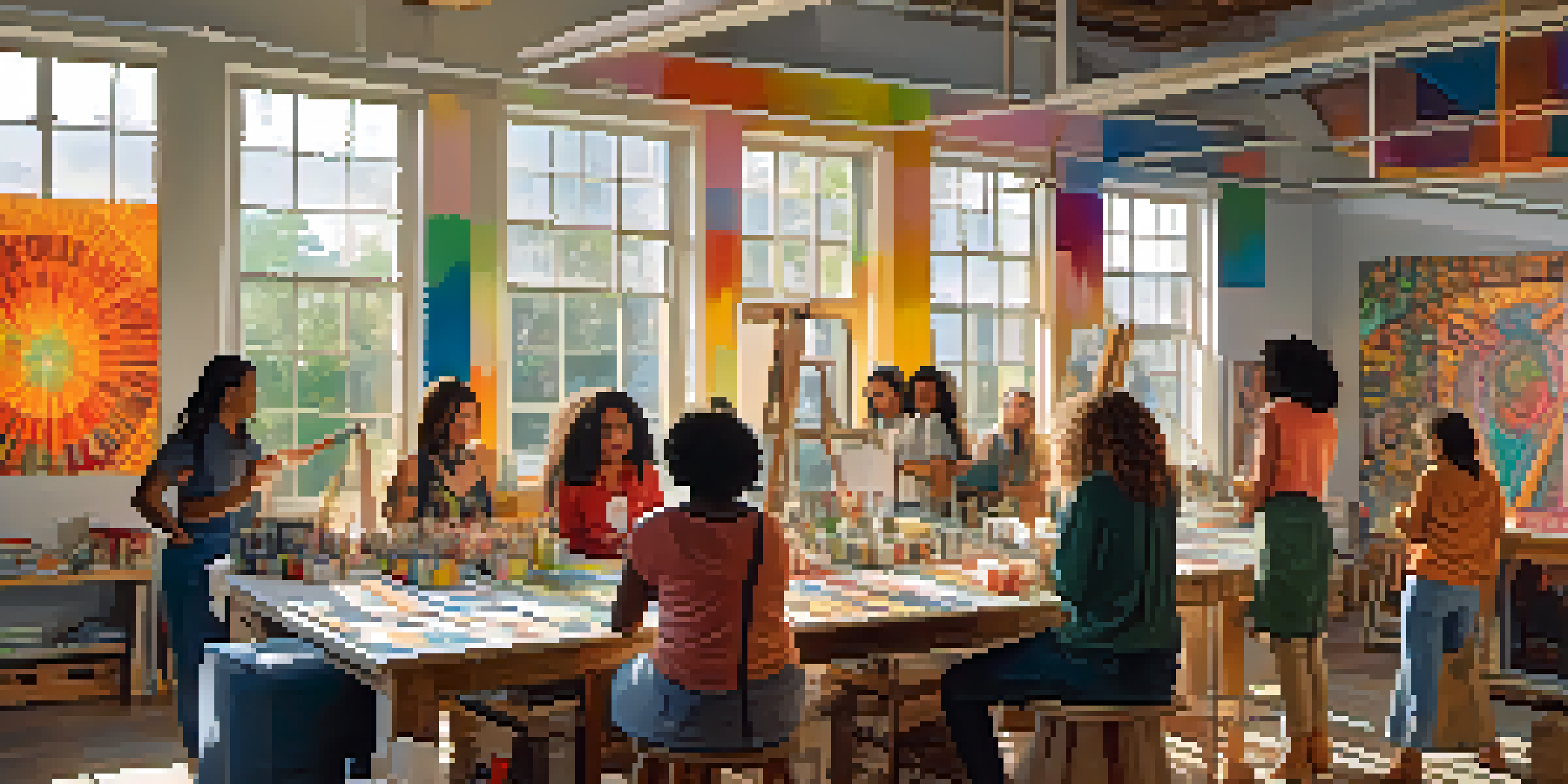 A colorful art studio where women artists are working together on a mural, surrounded by natural light and artistic materials.