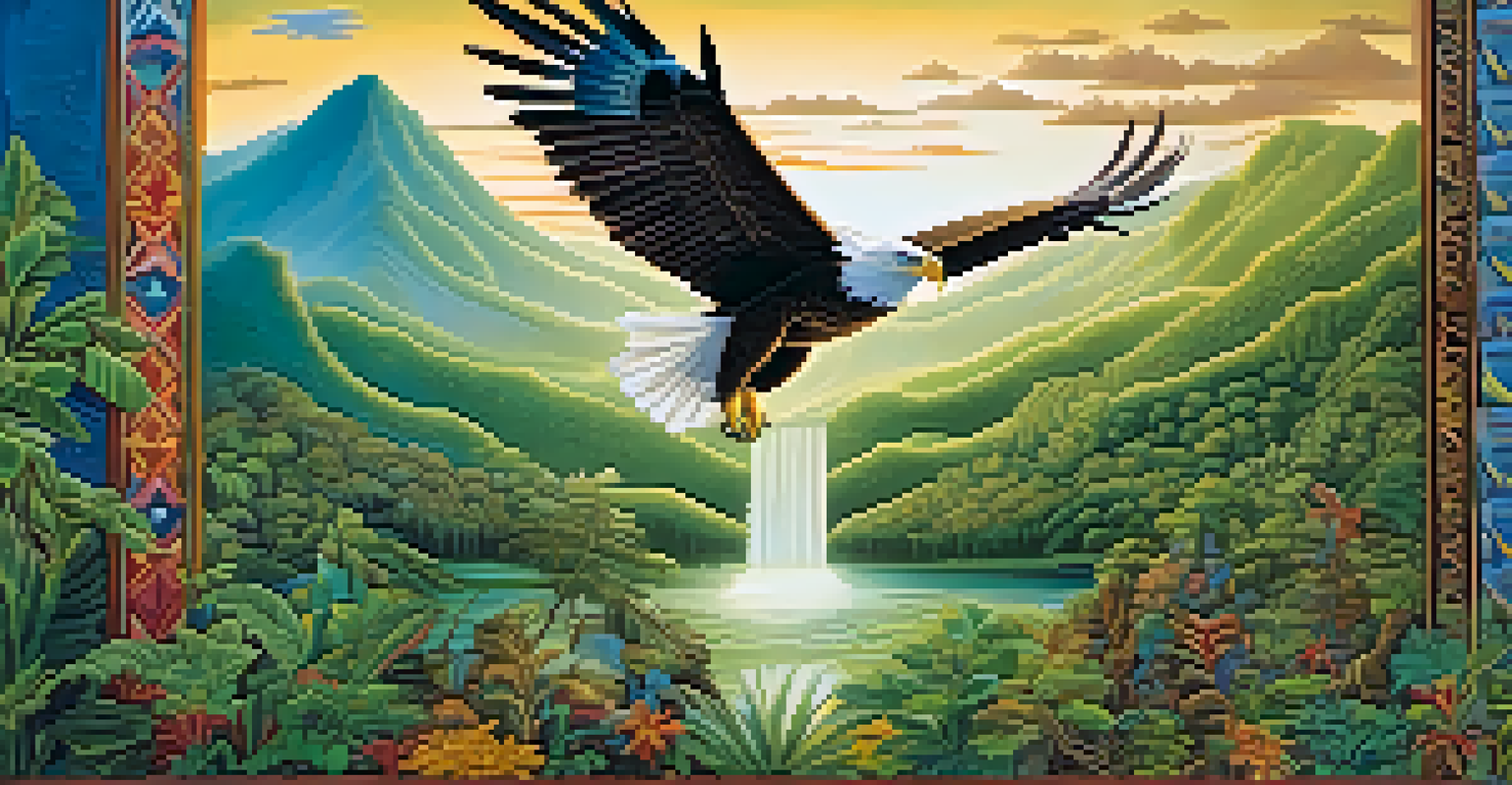 A majestic eagle soaring over a vibrant landscape in a mural, adorned with intricate designs symbolizing indigenous culture.