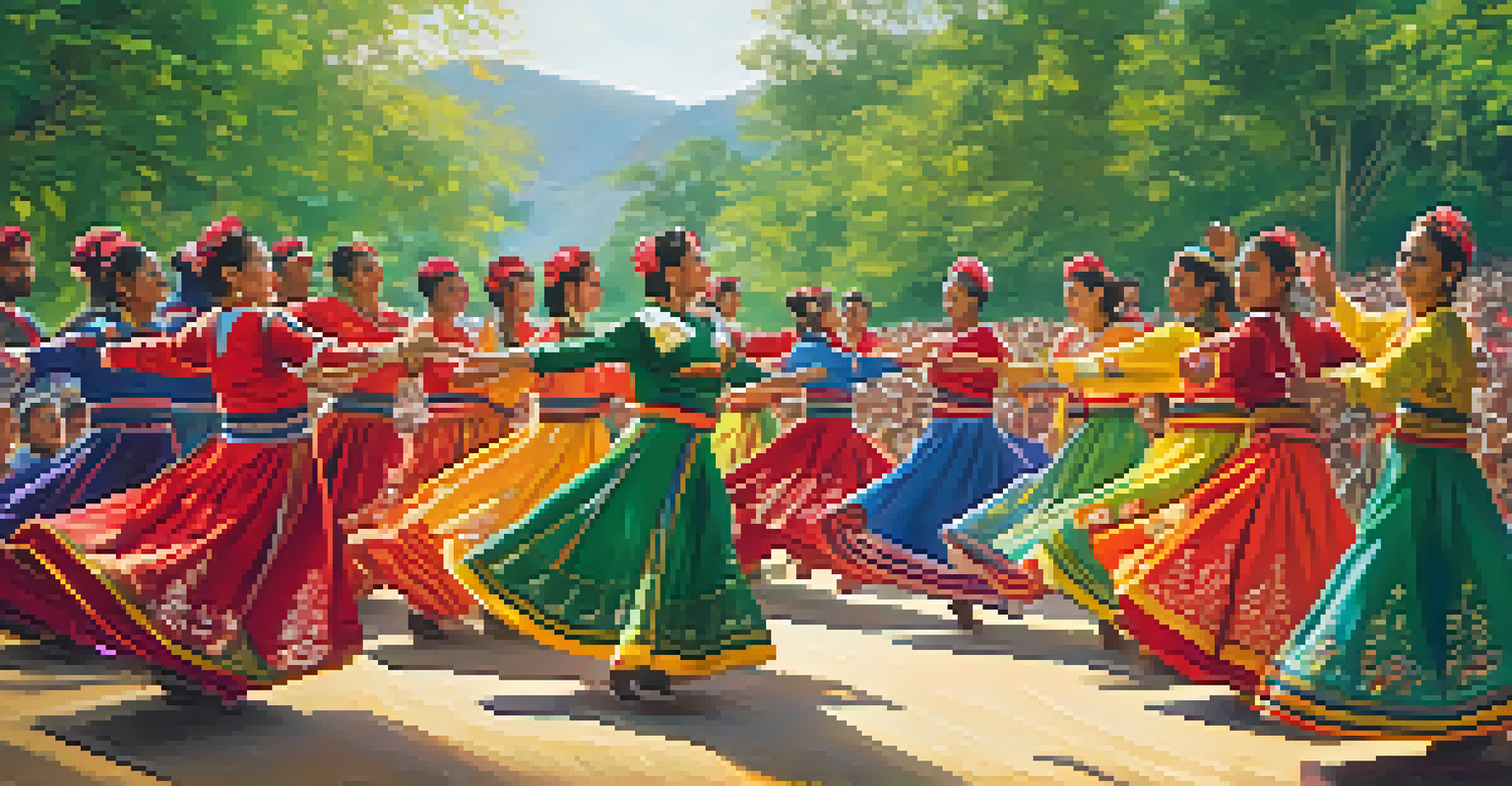Dancers in traditional costumes performing a folk dance at a cultural festival, with a lively audience in the background.
