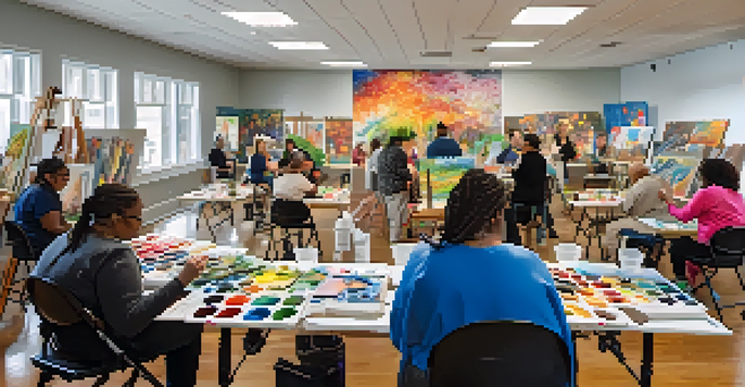 A diverse group of disabled artists joyfully painting together in a bright workshop, collaborating on a colorful mural.