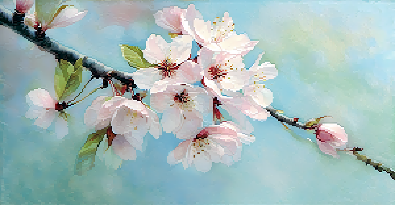 A gentle watercolor painting of a cherry blossom tree in bloom, with soft pink petals against a light blue sky.