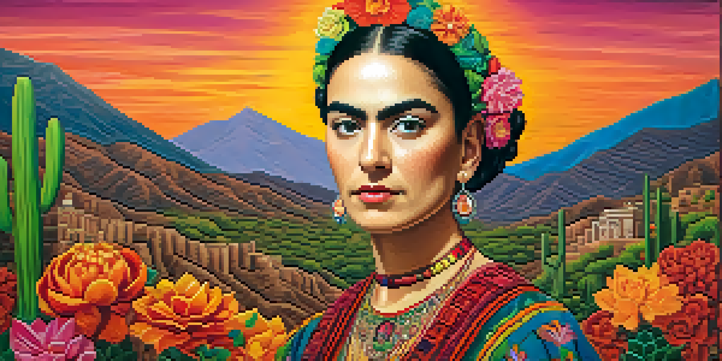 A colorful self-portrait of a woman with floral patterns, representing strength and cultural identity.