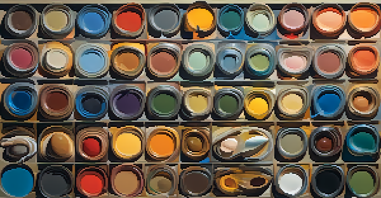 A close-up of an artist's palette with vibrant paint colors and textures, set against faint silhouettes of surreal elements.