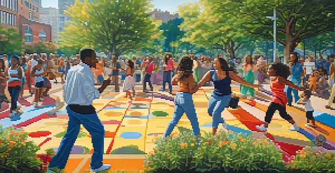 A colorful mural depicting a diverse community engaging in activities in a park, with sunlight illuminating the scene.