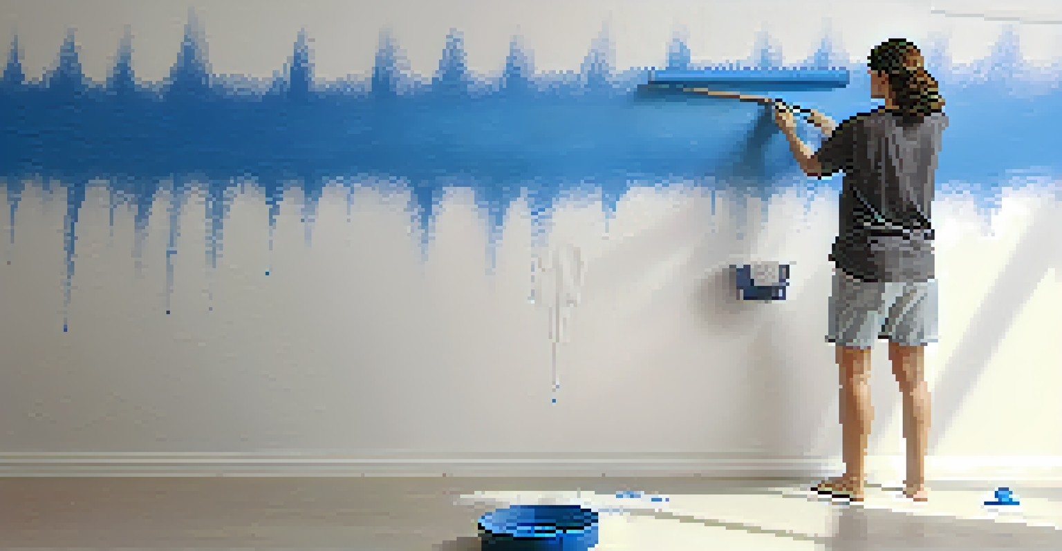A person painting a wall with a roller, using a drop cloth below and painter's tape for clean edges.