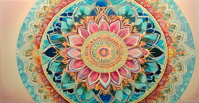 A colorful mandala with intricate patterns in blue, pink, and gold against a soft pastel background.