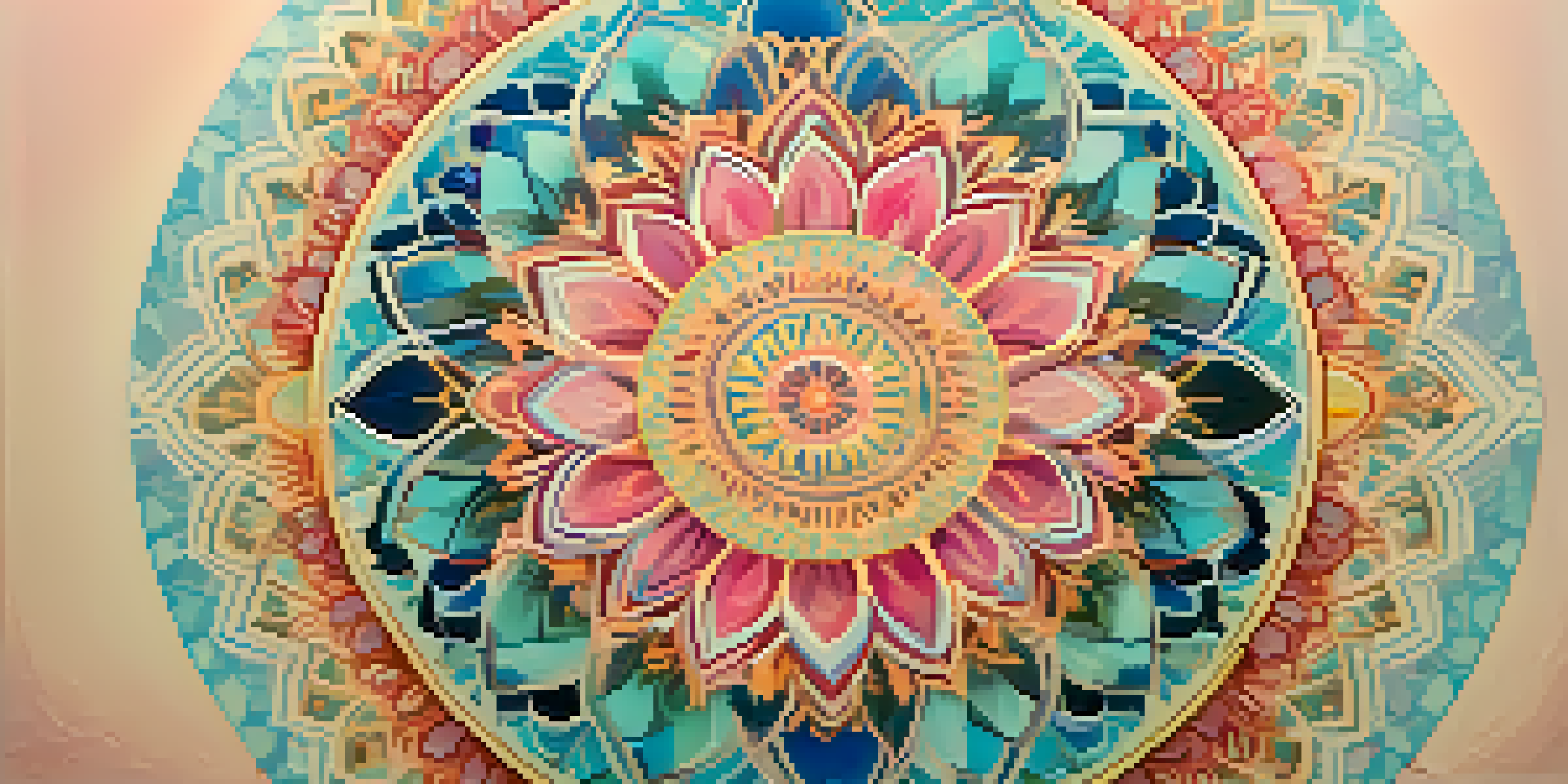 A colorful mandala with intricate patterns in blue, pink, and gold against a soft pastel background.