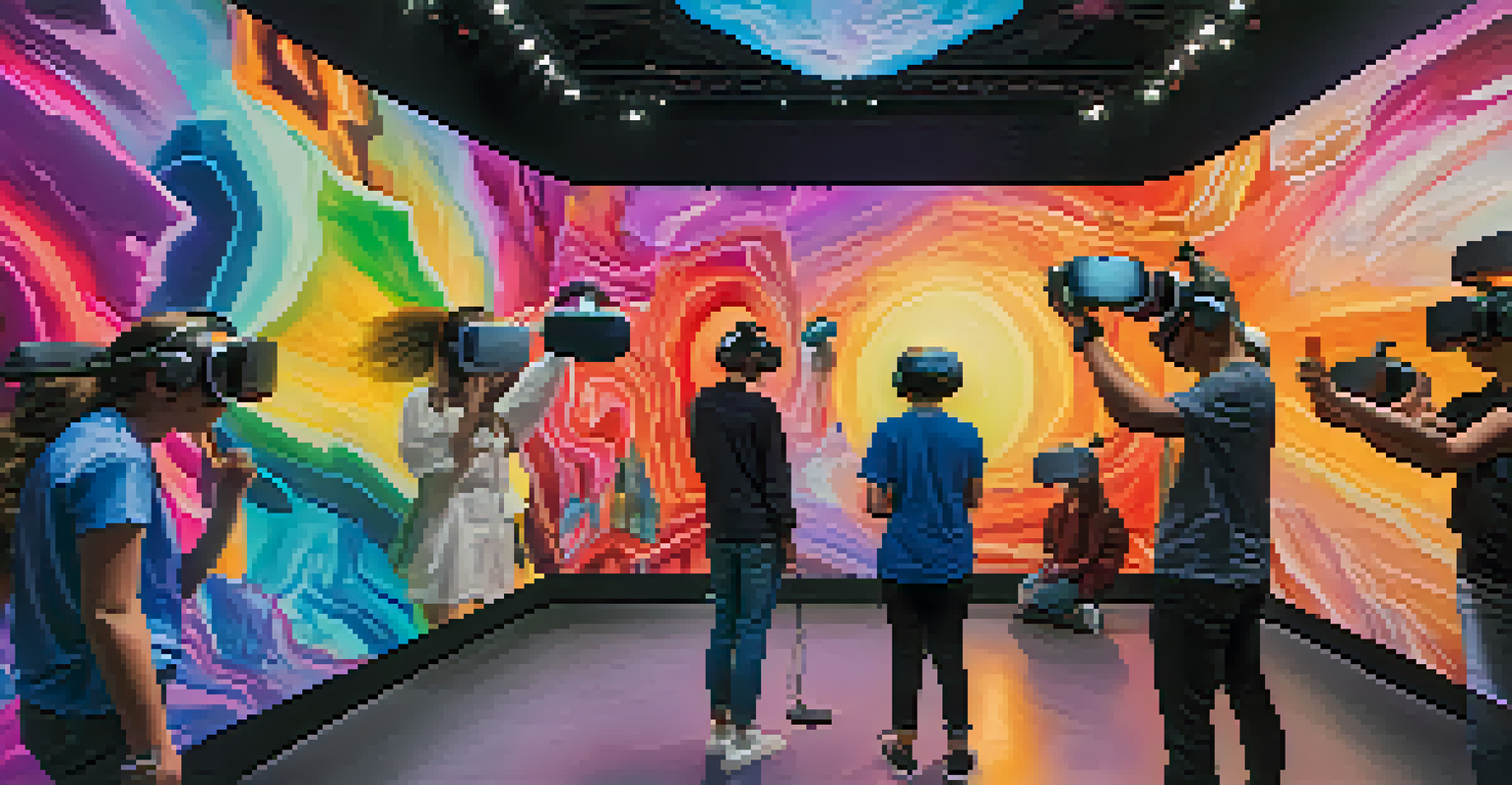 Viewers wearing VR headsets explore a colorful, immersive art installation addressing global social issues.