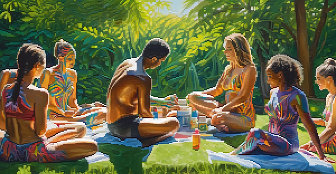 A diverse group of individuals engaged in body painting outdoors, surrounded by greenery and colorful paint.