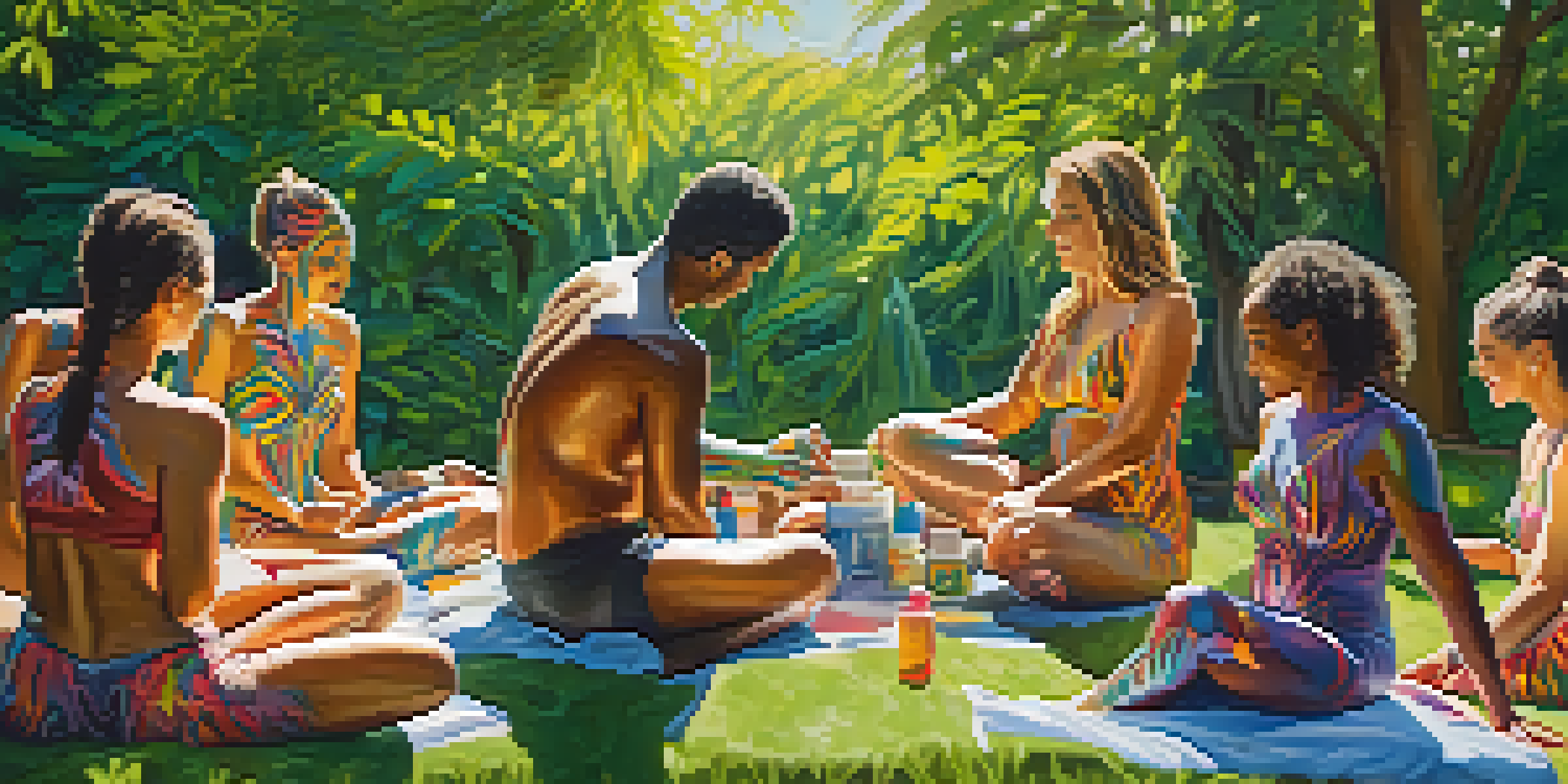 A diverse group of individuals engaged in body painting outdoors, surrounded by greenery and colorful paint.