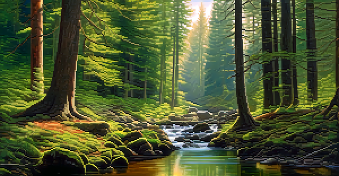 A tranquil forest with tall pine trees and a soft mossy ground, illuminated by sunlight filtering through the leaves.