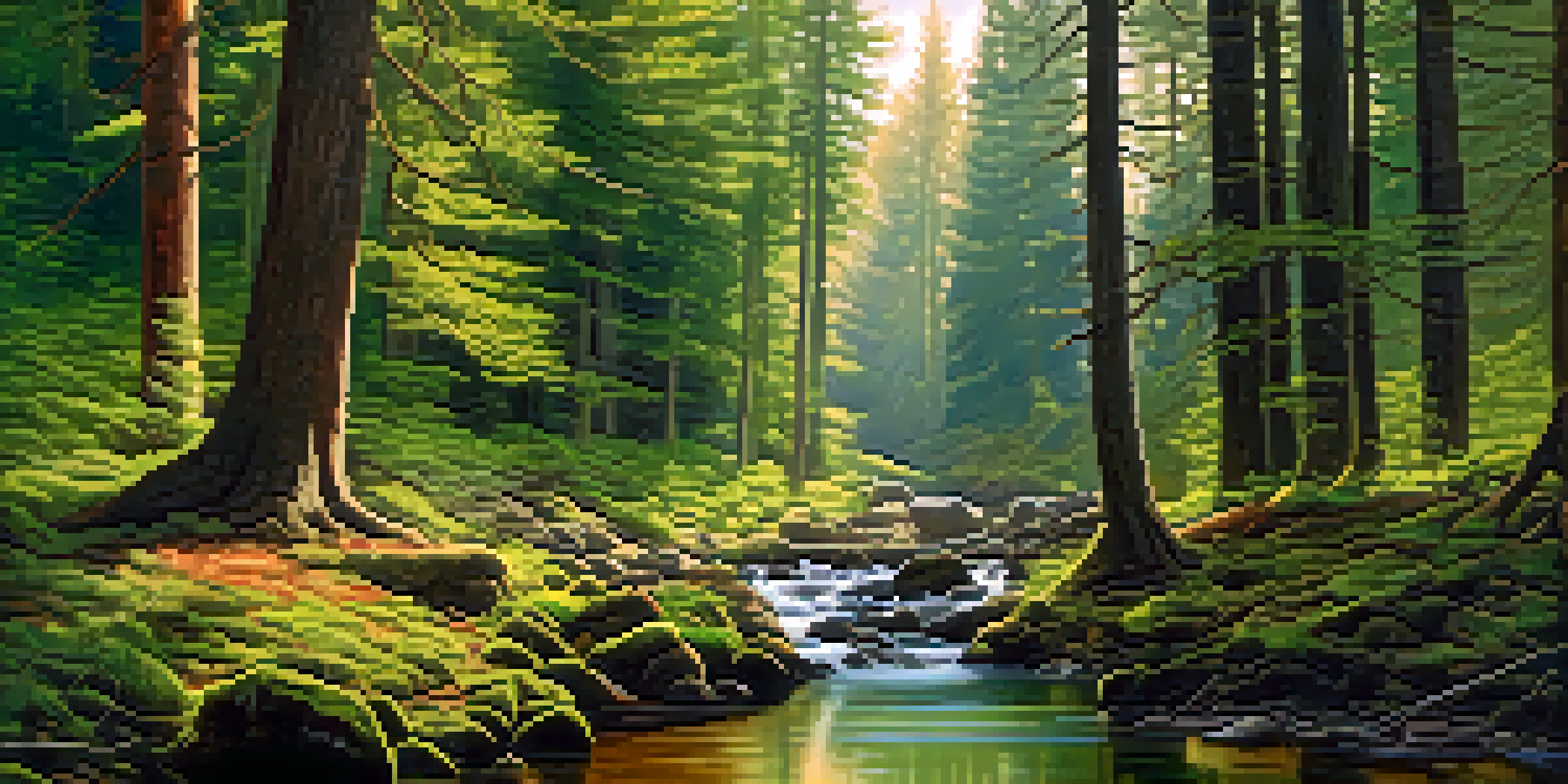 A tranquil forest with tall pine trees and a soft mossy ground, illuminated by sunlight filtering through the leaves.