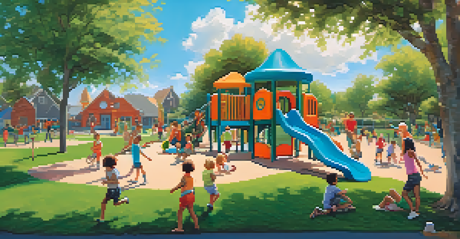 A colorful playground with children of different genders playing together on various equipment under a bright blue sky.