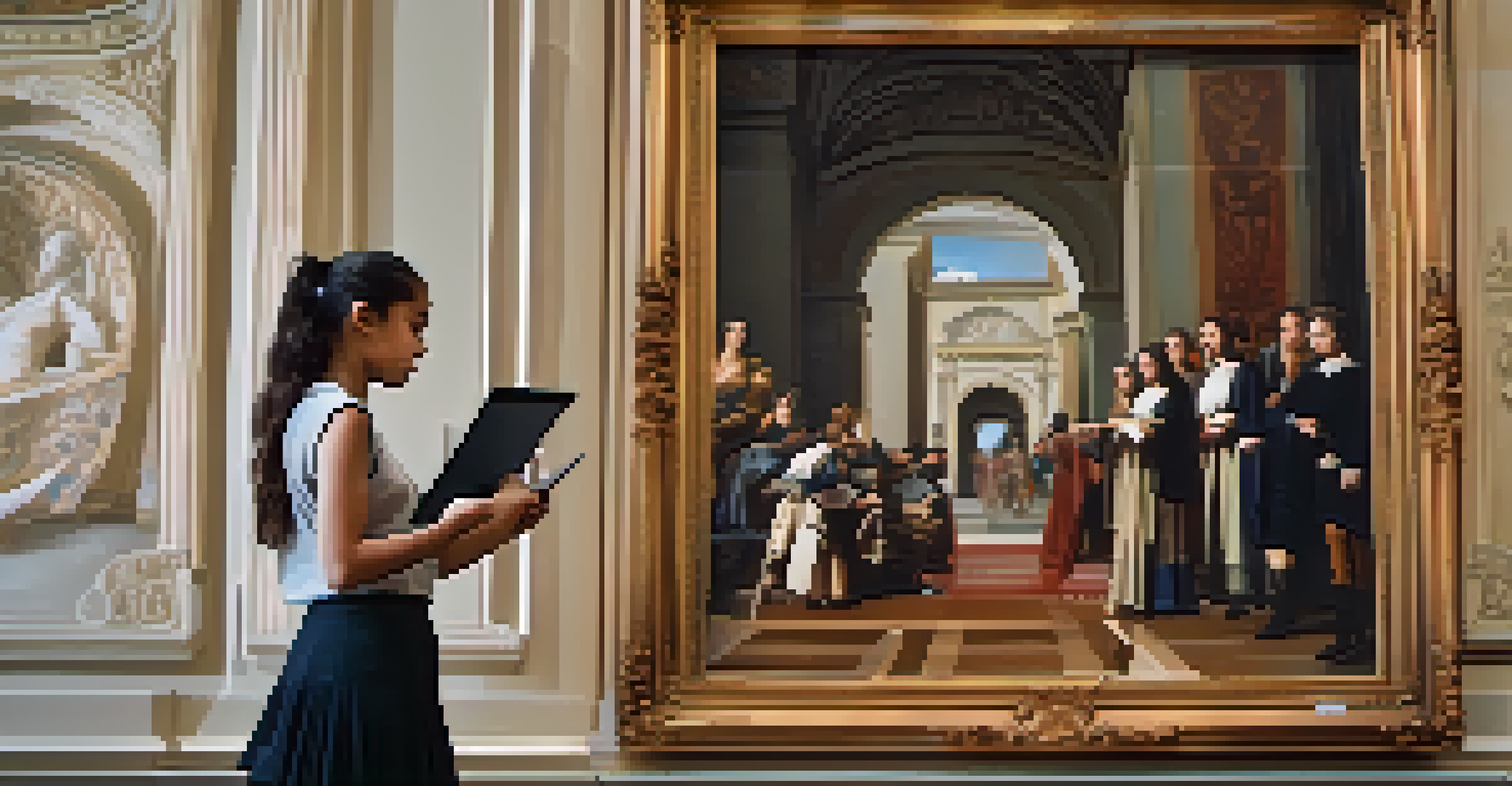 A student using a tablet to view augmented reality content about a classical painting, with the artwork's details highlighted in a museum setting.