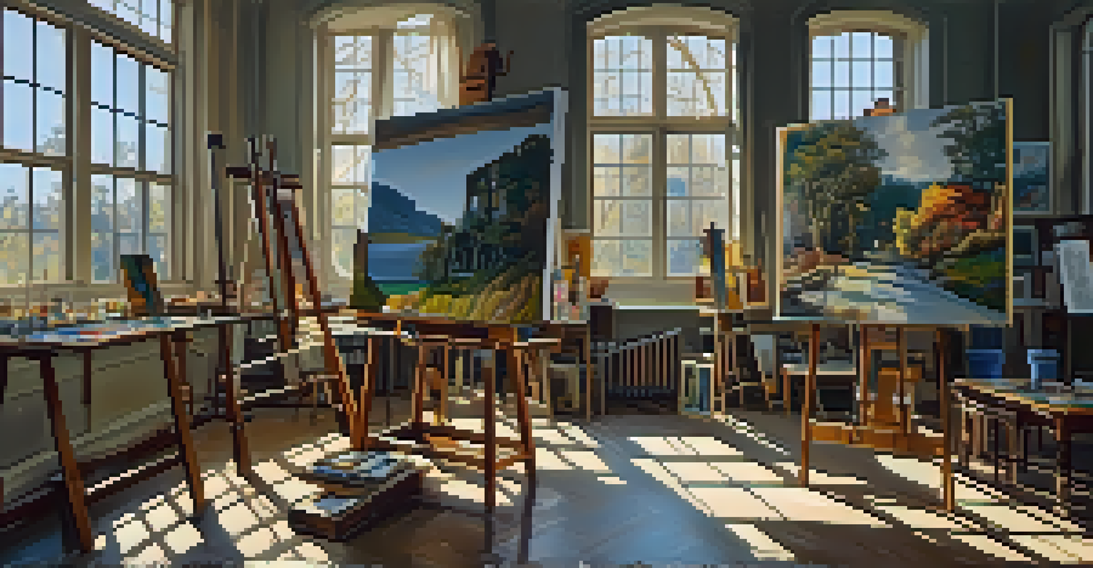 An artist's studio filled with easels, paint, and unfinished artworks, illuminated by sunlight through large windows.