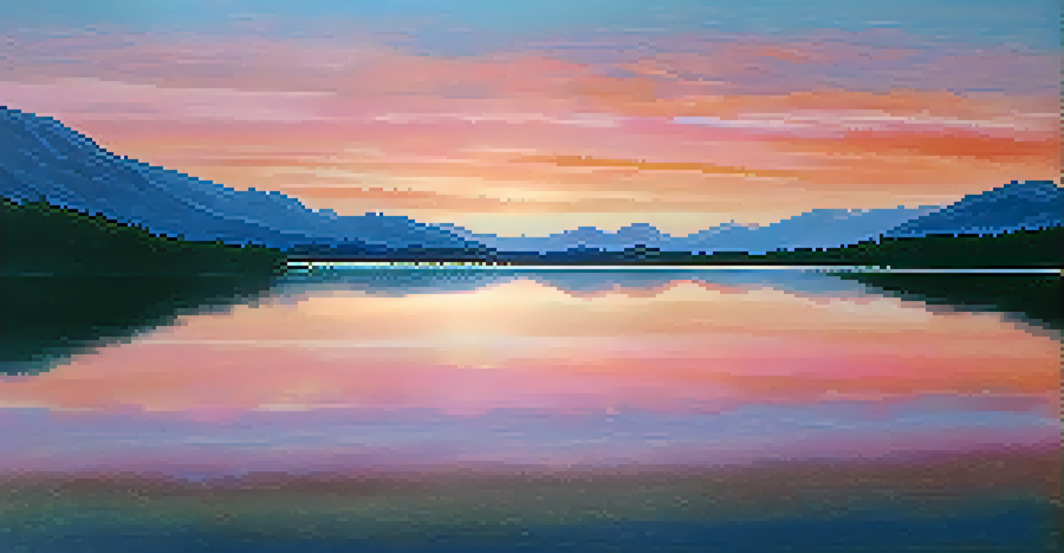 A calm lake reflecting a vibrant sunset with orange and pink colors against deep blue water and distant mountains.