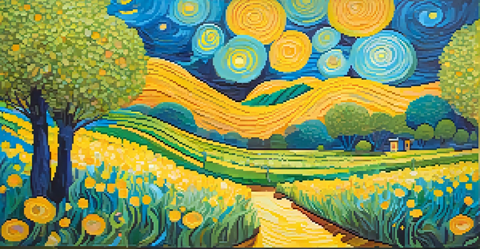 A colorful stage design inspired by Van Gogh, with swirling colors and oversized flowers, creating a whimsical atmosphere.