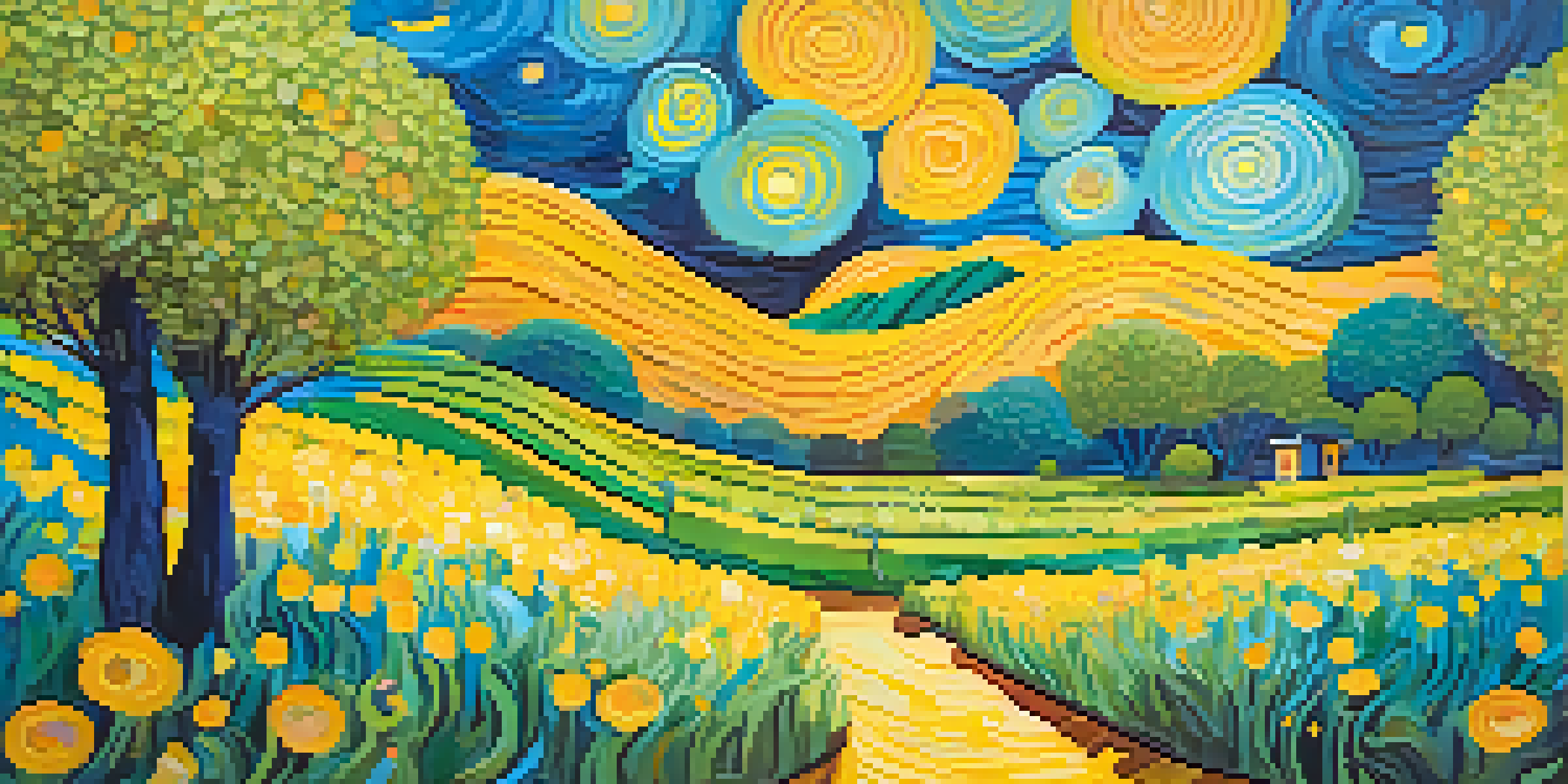 A colorful stage design inspired by Van Gogh, with swirling colors and oversized flowers, creating a whimsical atmosphere.