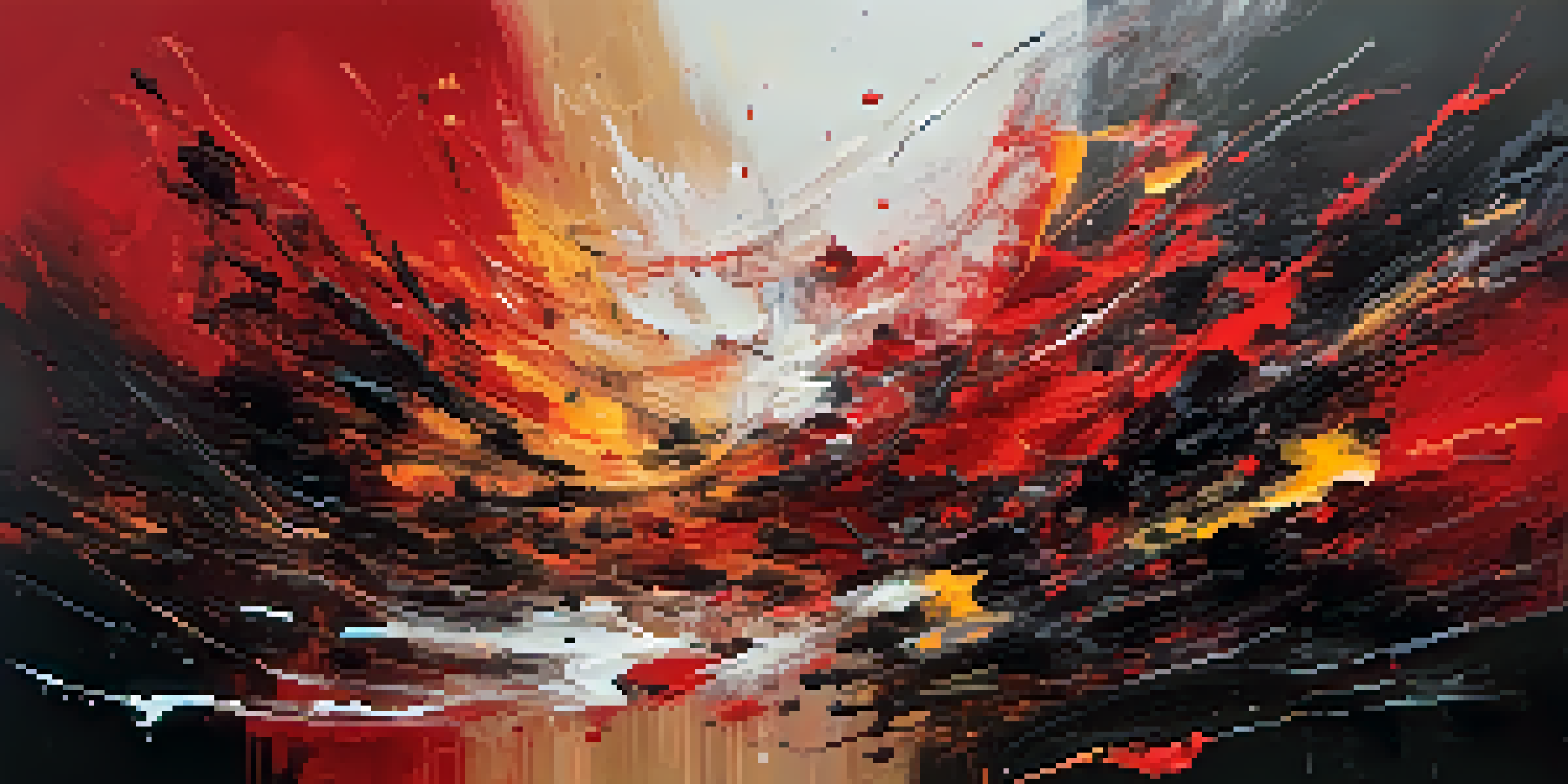 An abstract painting with chaotic brushstrokes in red and black, symbolizing turmoil and hope.