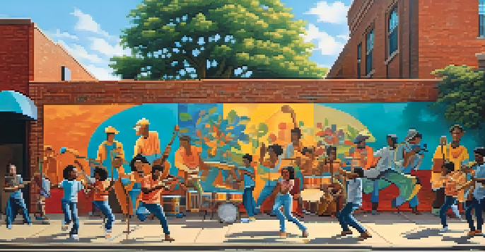 A colorful mural on a brick wall showing people involved in art activities, illuminated by sunlight.
