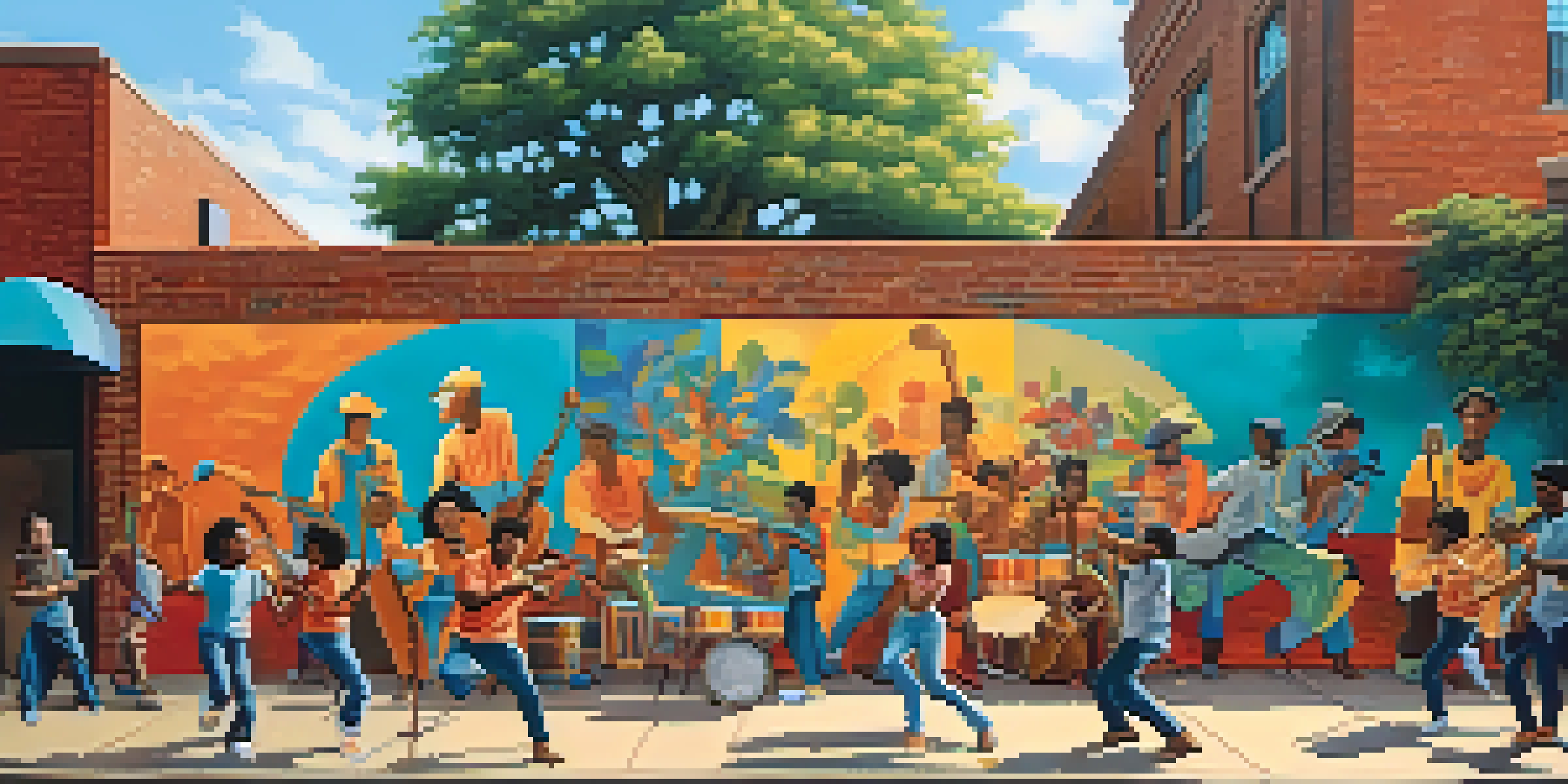 A colorful mural on a brick wall showing people involved in art activities, illuminated by sunlight.