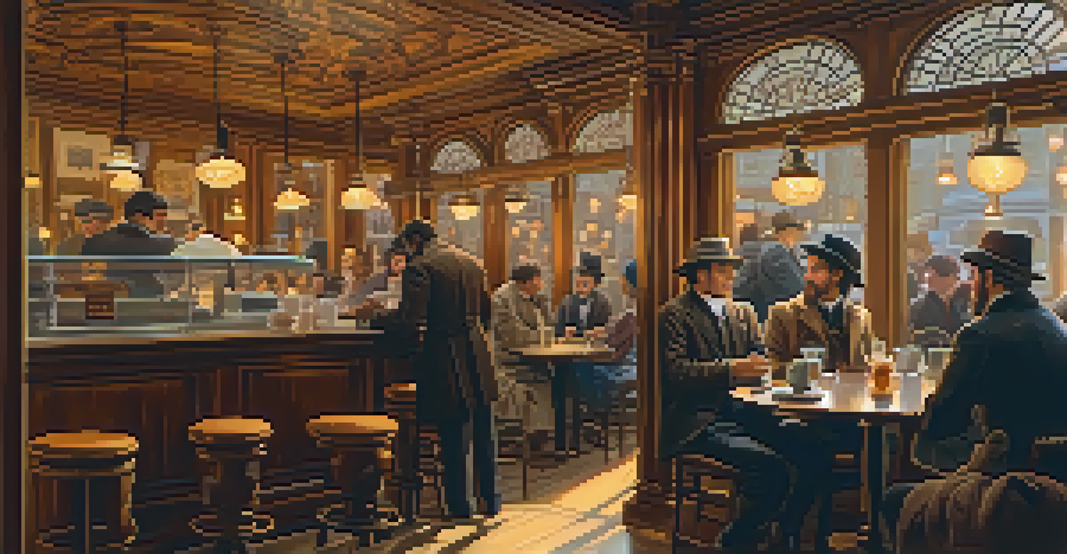 A warm café interior filled with people enjoying coffee and conversation, with artists sketching in the corner.