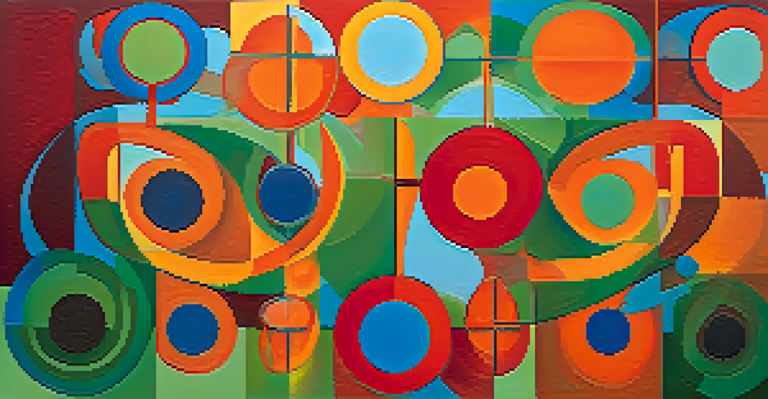 An abstract artwork showcasing vibrant colors and shapes symbolizing spiritual growth, with circular forms for harmony and jagged lines for life's challenges.