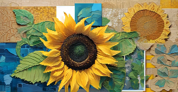 A colorful collage artwork centered around a large sunflower, surrounded by various textured materials and soft lighting.