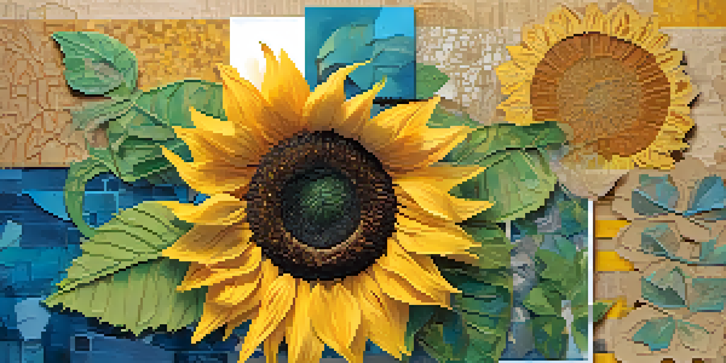 A colorful collage artwork centered around a large sunflower, surrounded by various textured materials and soft lighting.