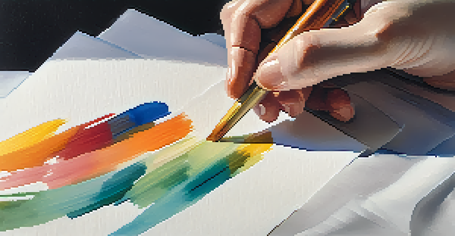 A close-up of a hand holding a watercolor brush above a colorful paper.