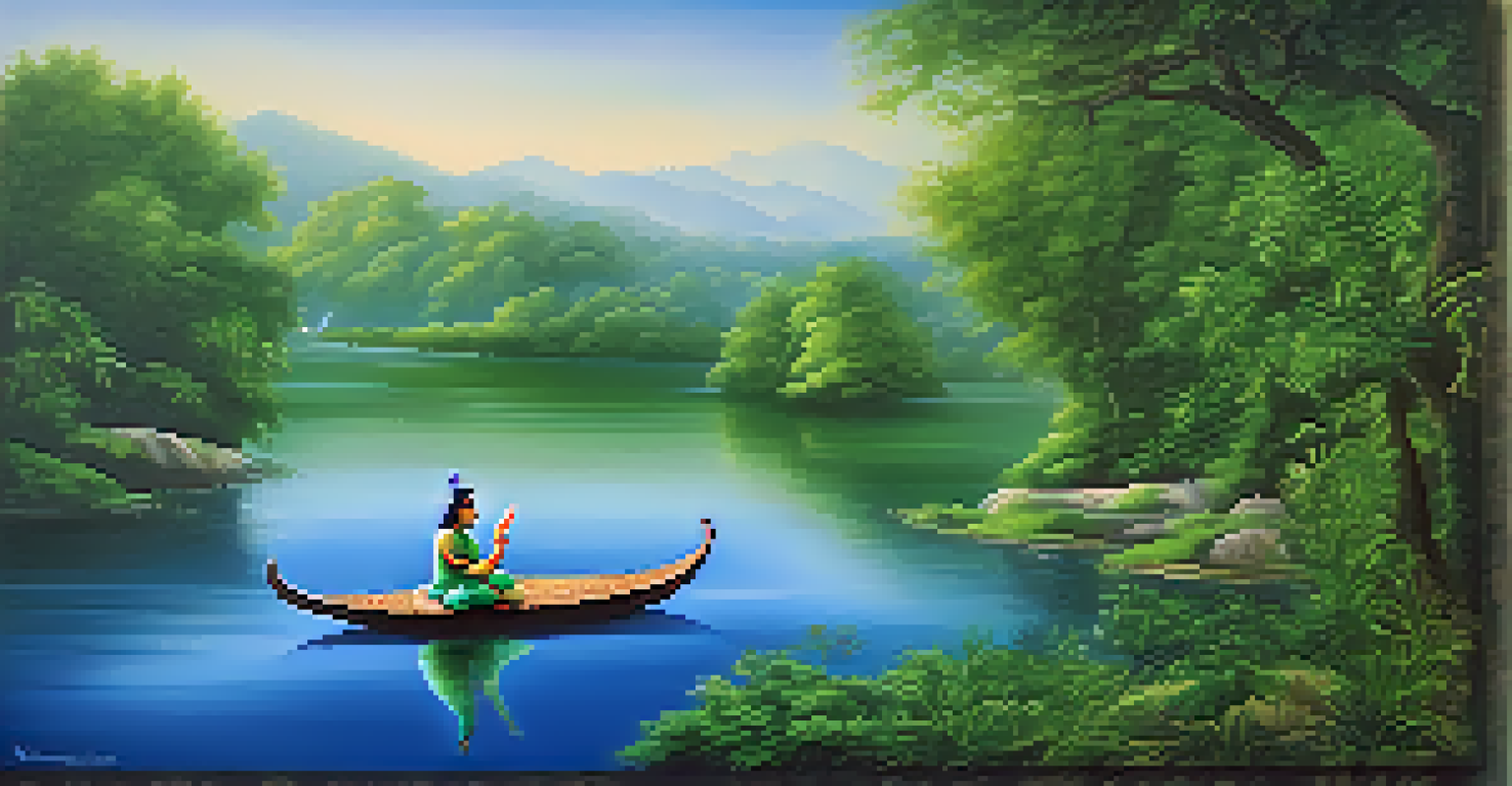A serene painting of Lord Krishna in blue and green hues, set against a tranquil background of lush greenery and a calm river.