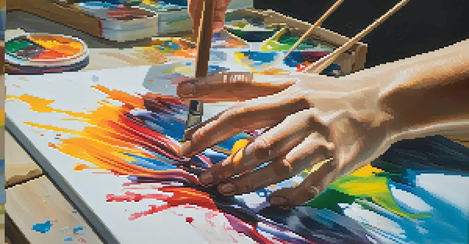 A close-up of an artist's hand painting on a canvas, with vibrant colors and splatters, illuminated by soft natural light.