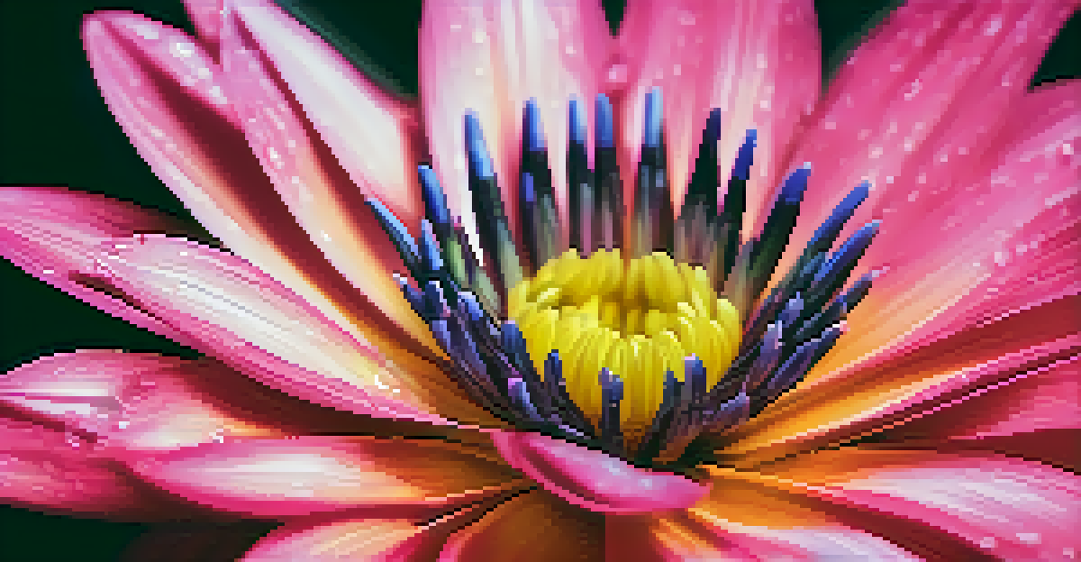A close-up of a colorful blooming flower with dewdrops and a blurred background.