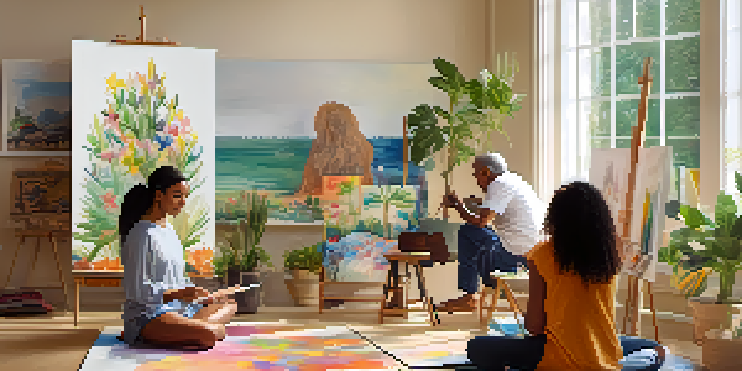 A cozy art therapy room where people of various ages are engaged in different forms of art, with bright natural light and colorful artwork on the walls.