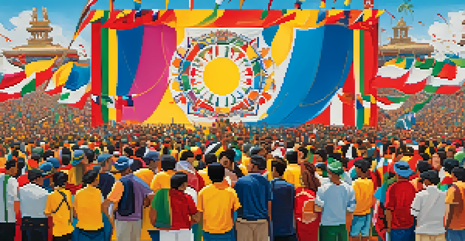 Artists collaborating on a vibrant mural at a global art festival with crowds admiring their work.