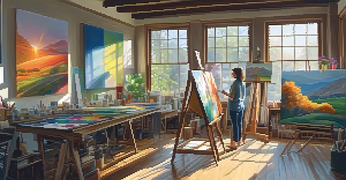 An artist in a bright studio painting a landscape on a large canvas, surrounded by colorful artworks and art supplies.