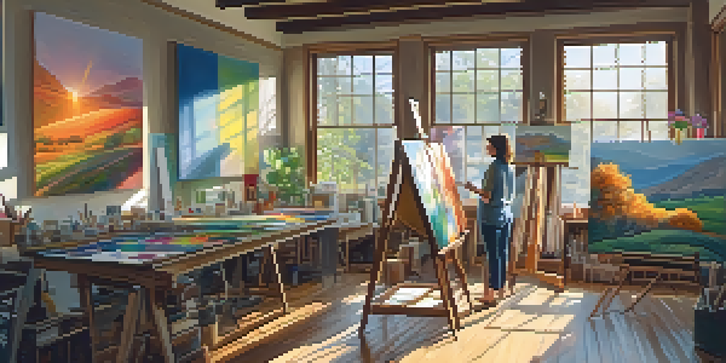 An artist in a bright studio painting a landscape on a large canvas, surrounded by colorful artworks and art supplies.