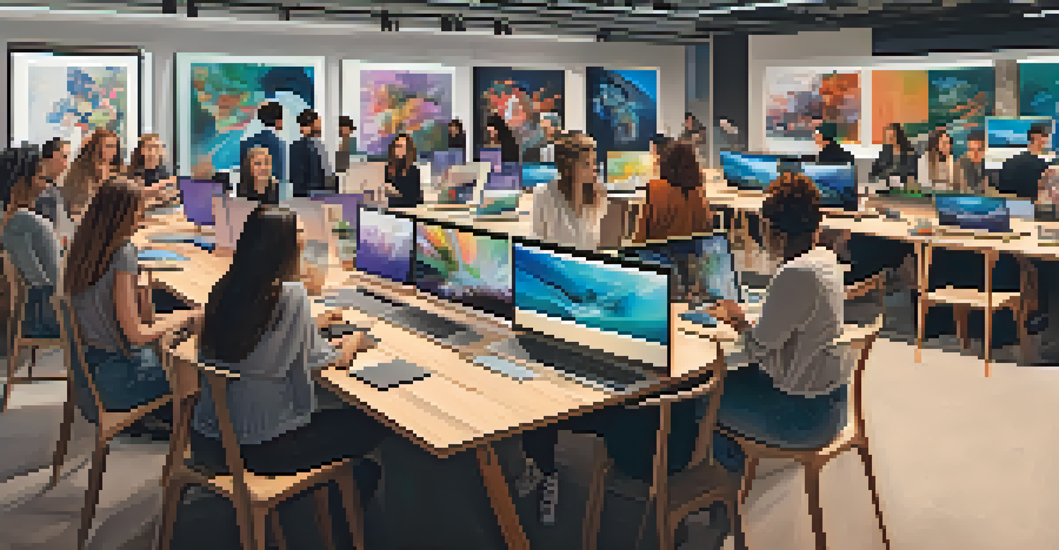 Women artists collaborating on a digital exhibition in a modern co-working space, with laptops and art displayed on a screen.