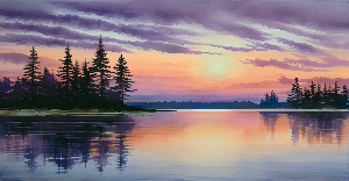 A peaceful watercolor painting of a sunset over a lake, with soft colors blending in the sky and reflections in the water.
