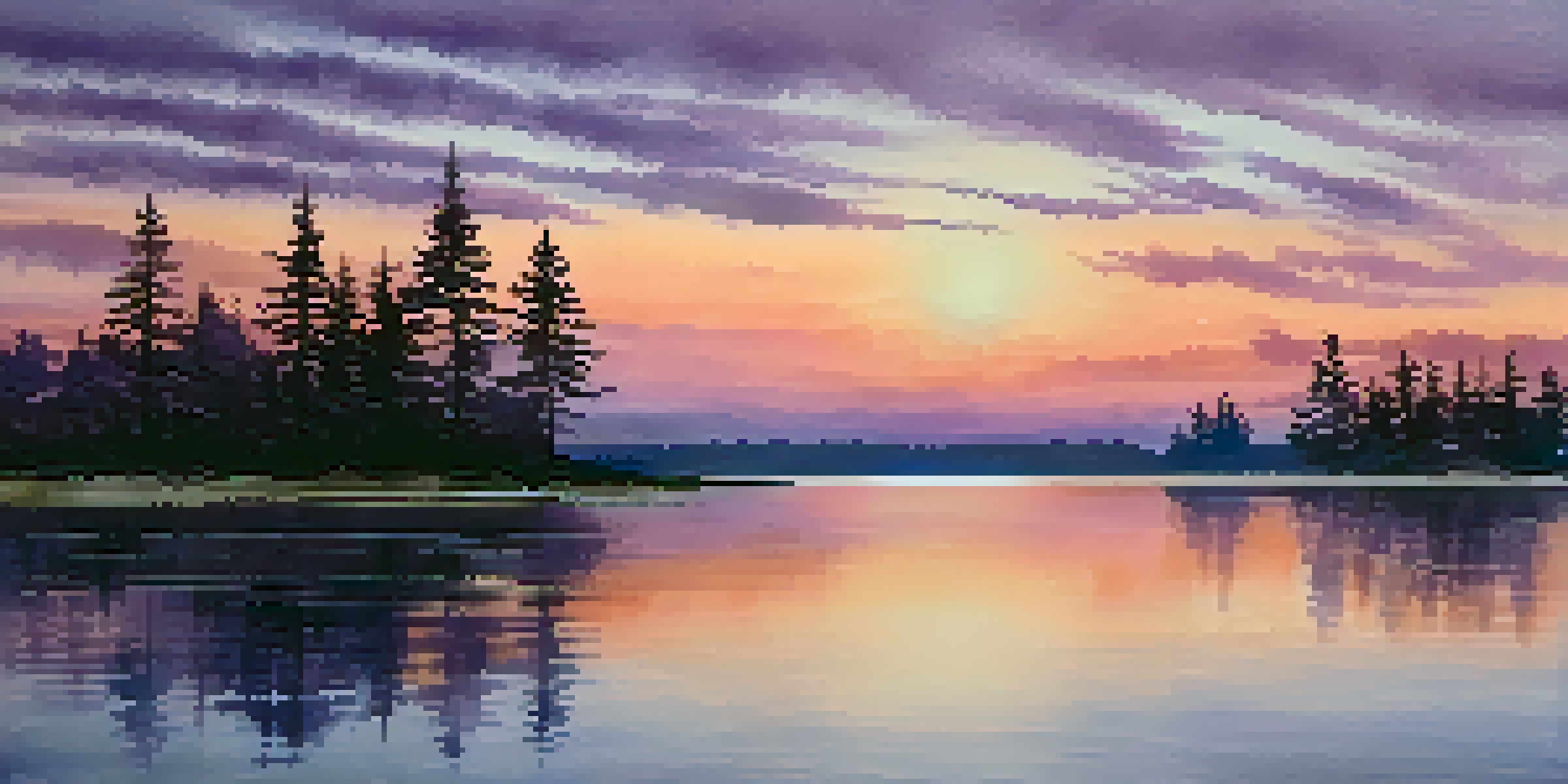 A peaceful watercolor painting of a sunset over a lake, with soft colors blending in the sky and reflections in the water.