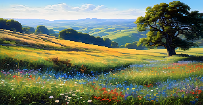A picturesque field filled with colorful wildflowers under a clear blue sky, with rolling hills in the background and a solitary oak tree casting shadows.