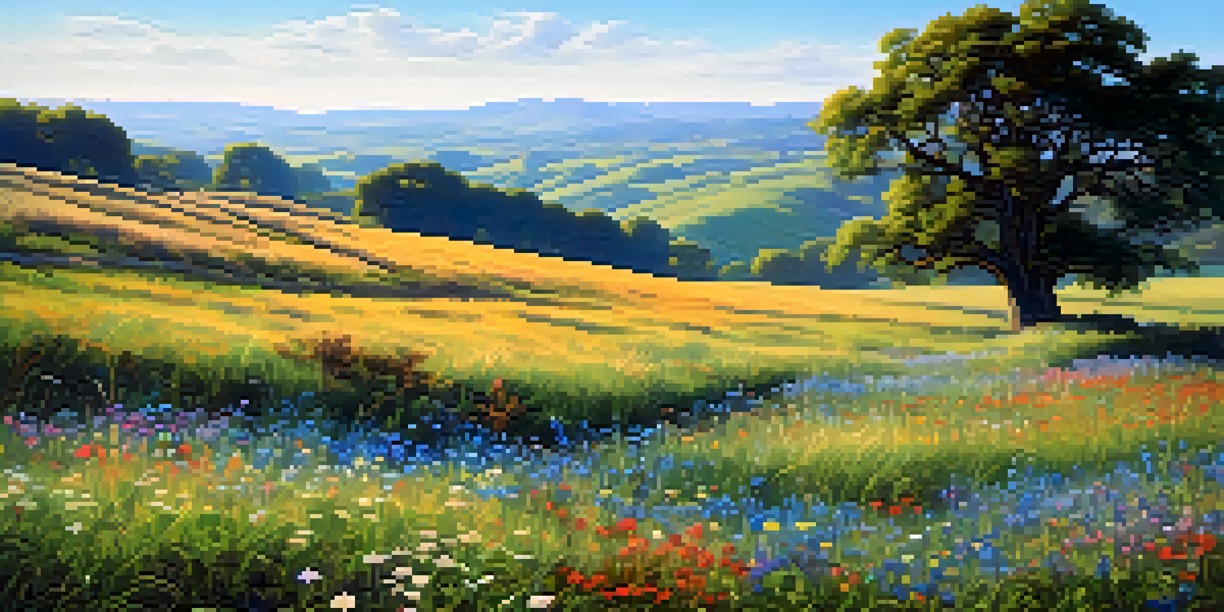 A picturesque field filled with colorful wildflowers under a clear blue sky, with rolling hills in the background and a solitary oak tree casting shadows.