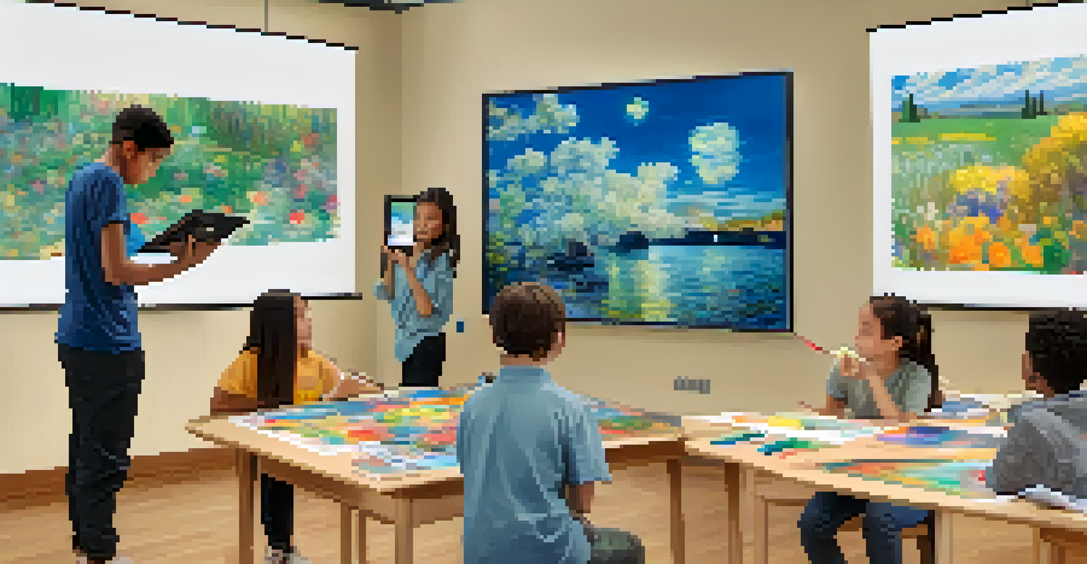 Students in a classroom learning about Impressionism with augmented reality on a tablet, animated painting displayed.