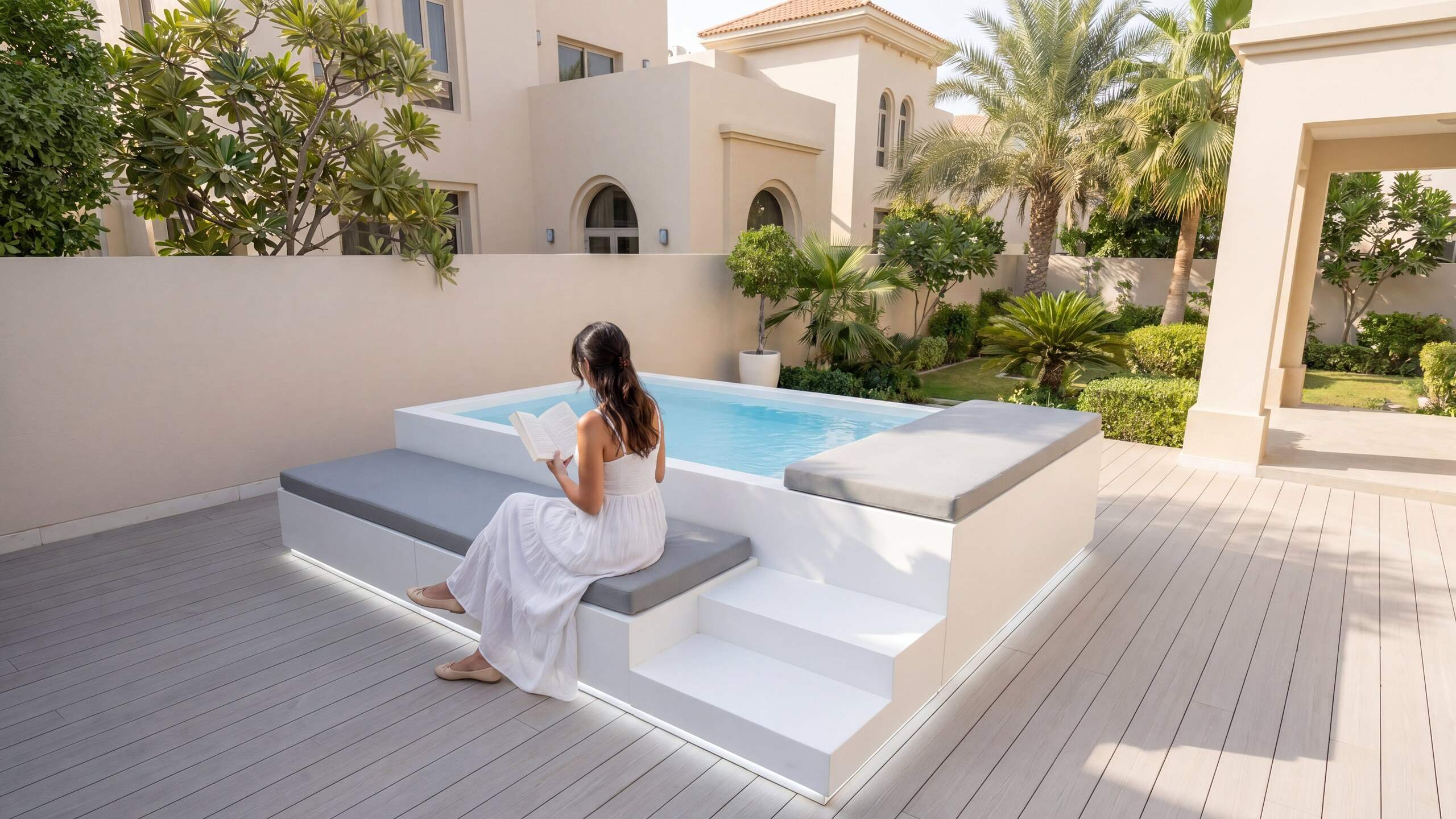 Aqualux pool in a landscaped Dubai villa garden