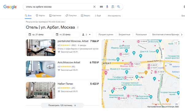 Рекомендации гостиниц от поискового робота Google показываются в самом верху выдачи 