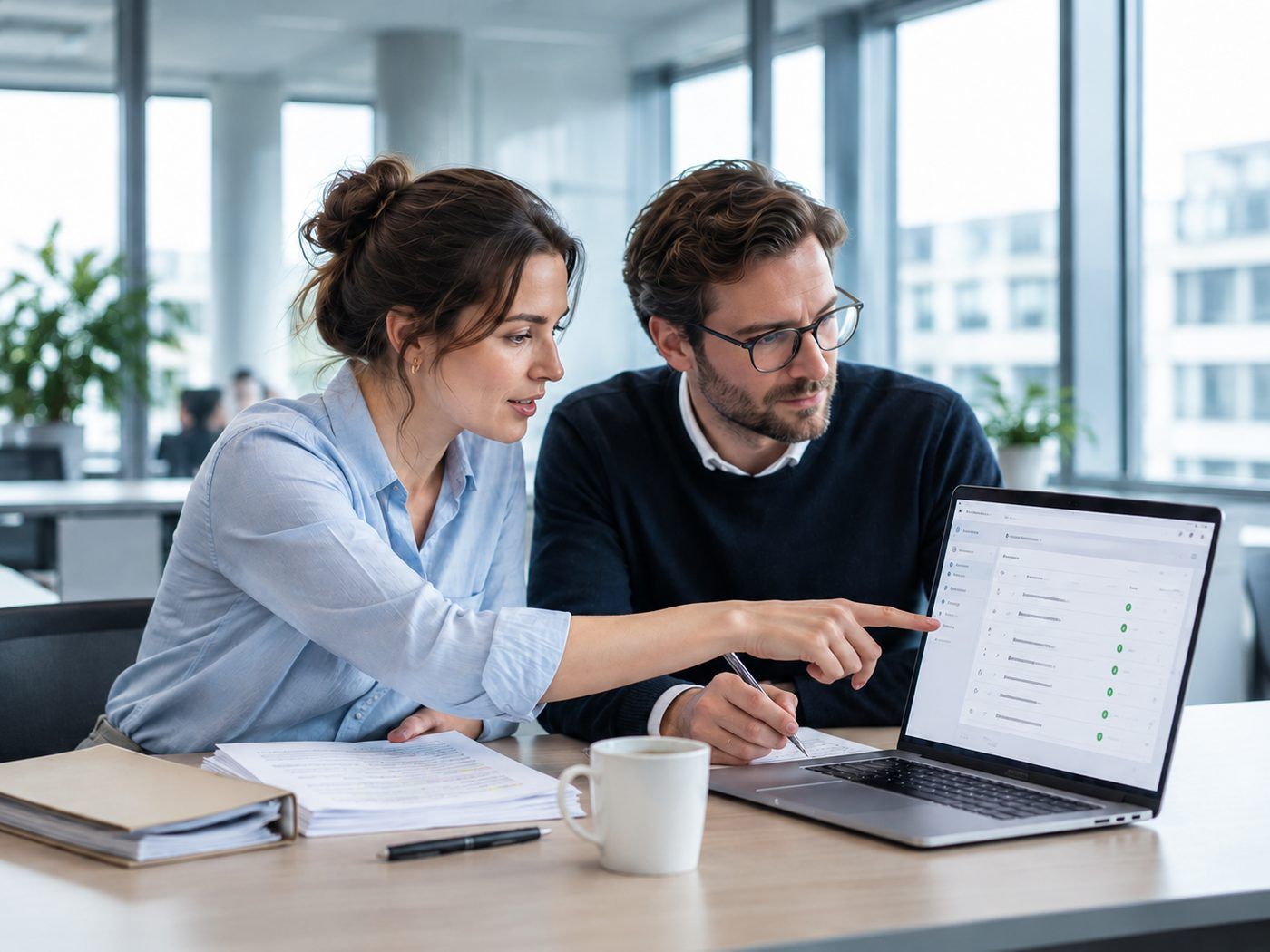 Two employees reviewing data protection documentation in the Privacy Hub