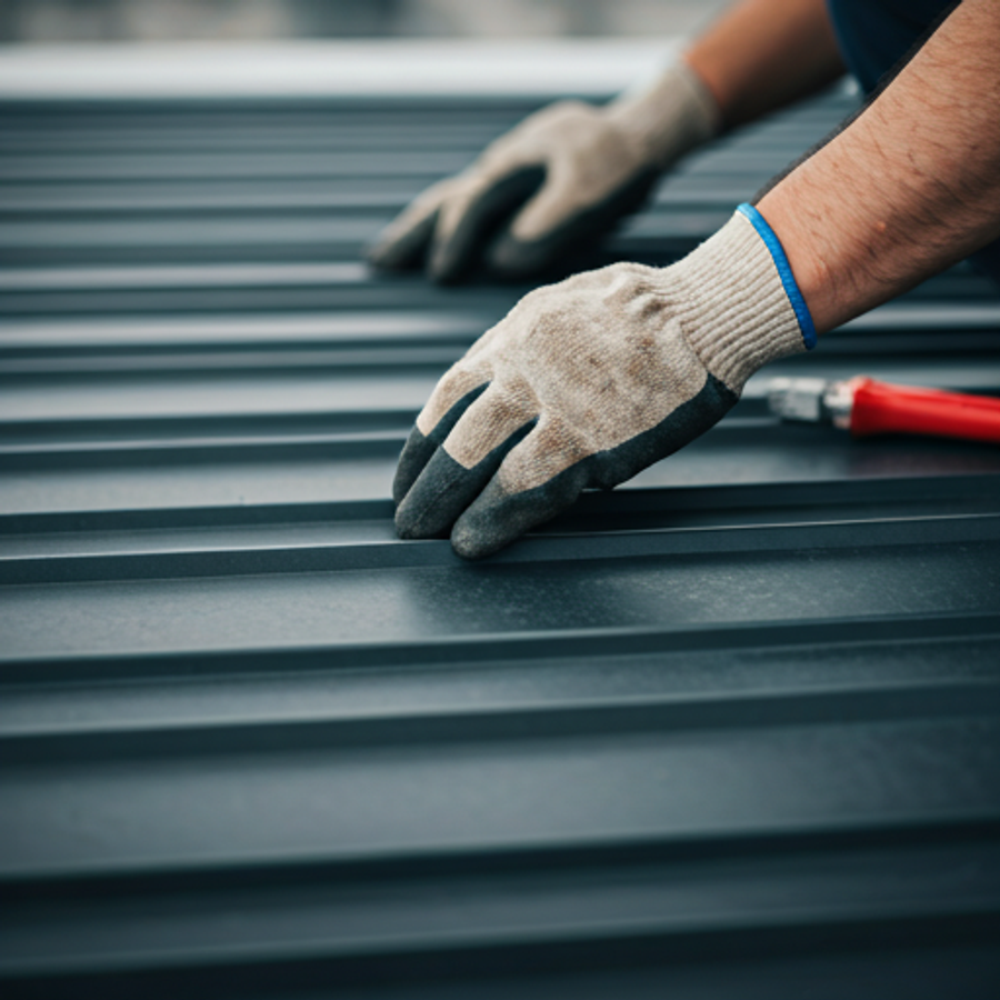 Maintenance worker inspecting commercial roof cladding